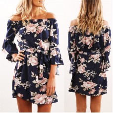 Floral Women Dress Sexy Off Shoulder Print Chiffon Dress Boho Style Short Party Dresses Vestidos de fiesta freeship 14 days
