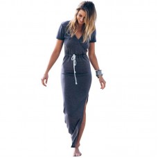 Personality Slender Waist Line maxi Women Dress Short sleeve tie waist pencil long dress casual slit freeship 14 days