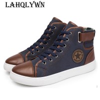 Leather Men Causal Shoes Front Lace-Up Ankle Boots High Top Canvas Men freeship 14 days