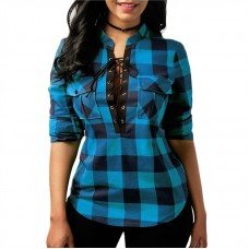 Women Plaid Shirts Long Sleeve Blouses Shirt Office Lace up Tunic Casual Tops freeship 14 days